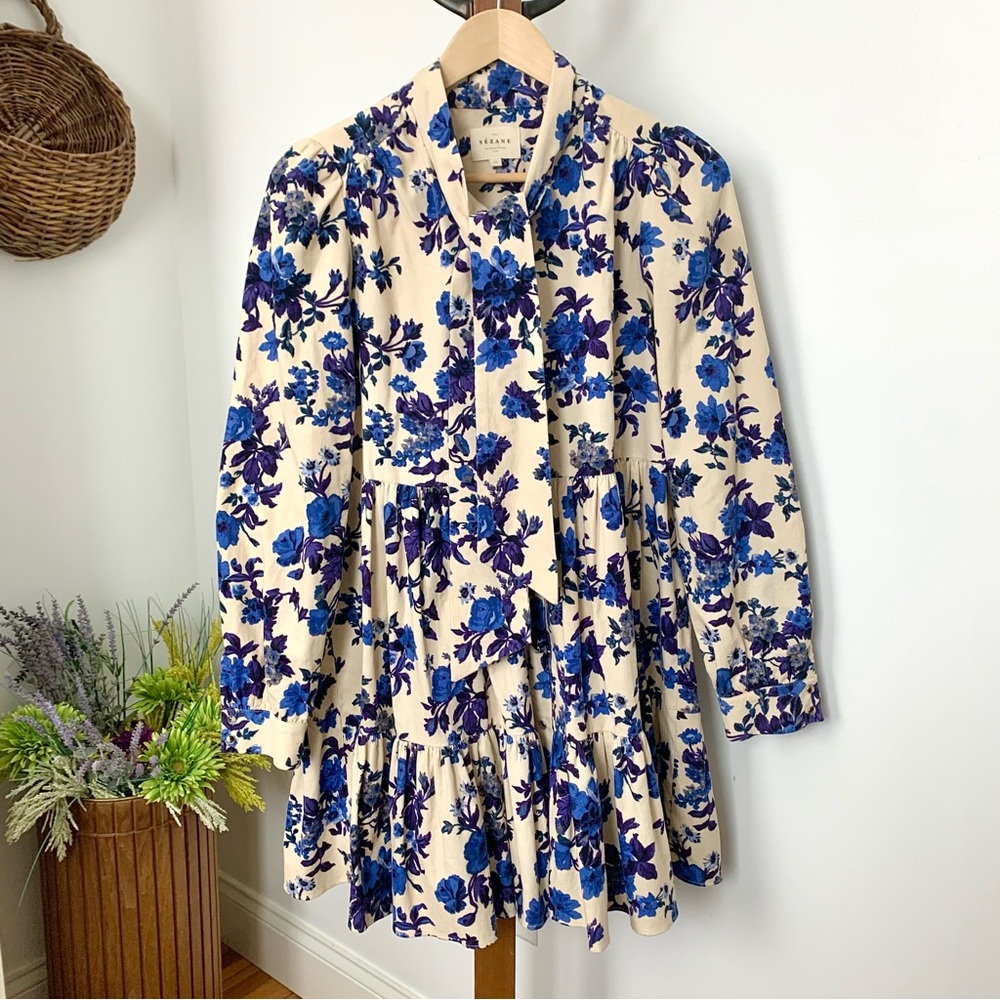 Sezane Rare Soledad Floral Mini Dress Blue Cream FR 36 - Picture 14 of 16